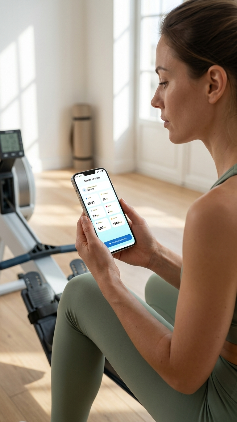Woman focused on her smartphone while on a rowing machine in a fitness studio